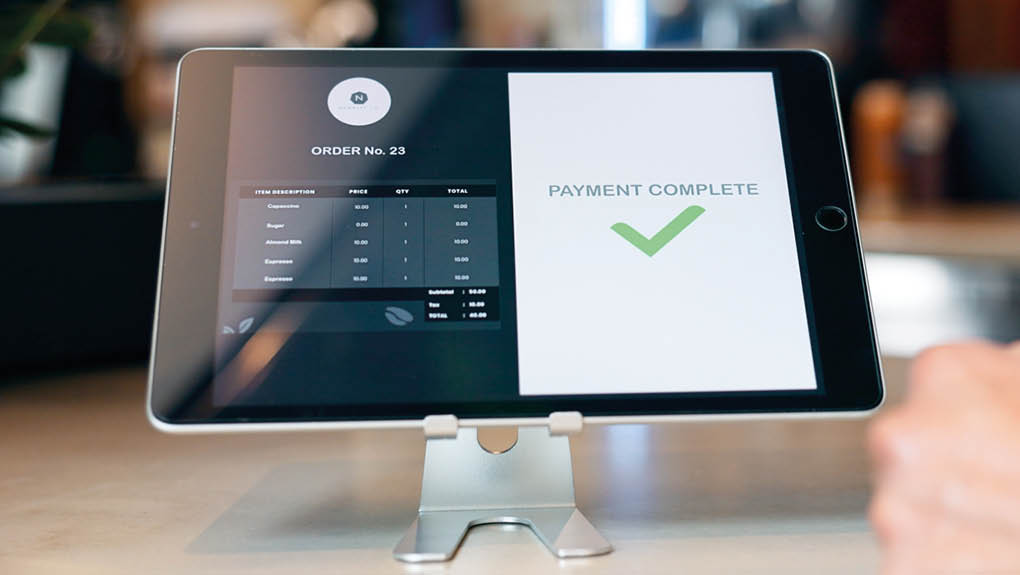 Business, restaurant and tablet for payment by online, internet or network for e commerce, fintech or digital. Technology, screen and customer for success in transaction with app for connectivity