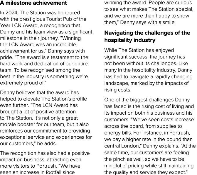 A milestone achievement In 2024, The Station was honoured with the prestigious Tourist Pub of the Year LCN Award, a r...