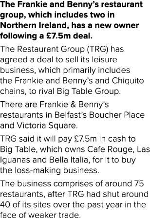 The Frankie and Benny’s restaurant group, which includes two in Northern Ireland, has a new owner following a £7.5m d...