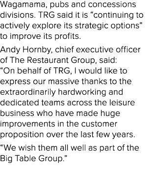 Wagamama, pubs and concessions divisions. TRG said it is “continuing to actively explore its strategic options” to im...