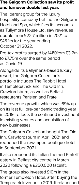 The Galgorm Collection saw its profit and turnover double last year. The parent group for the luxury hospitality comp...