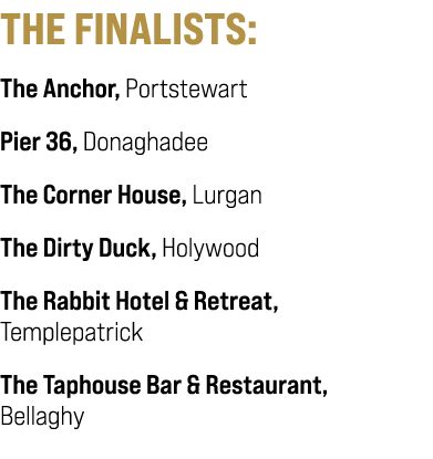 THE FINALISTS: The Anchor, Portstewart Pier 36, Donaghadee The Corner House, Lurgan The Dirty Duck, Holywood The Rabb...