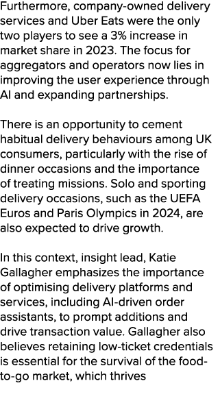 Furthermore, company owned delivery services and Uber Eats were the only two players to see a 3% increase in market s...