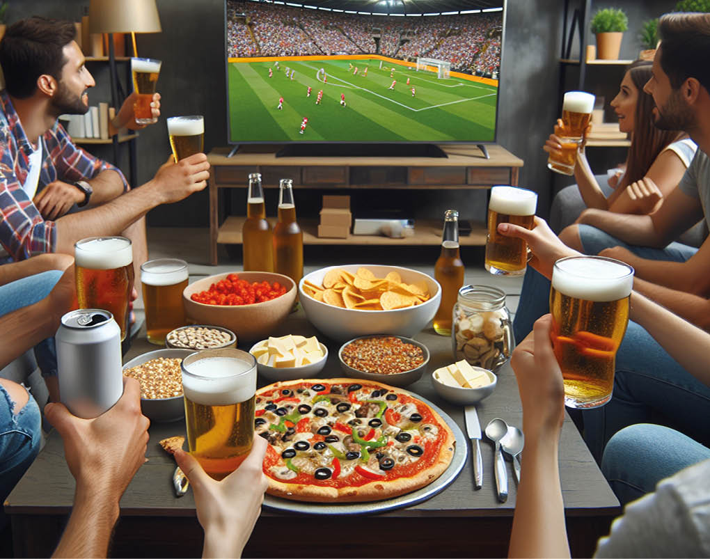 A meeting of friends to watch football and there are beers, crackers and pizzas on the table