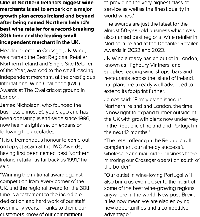 One of Northern Ireland’s biggest wine merchants is set to embark on a major growth plan across Ireland and beyond af...