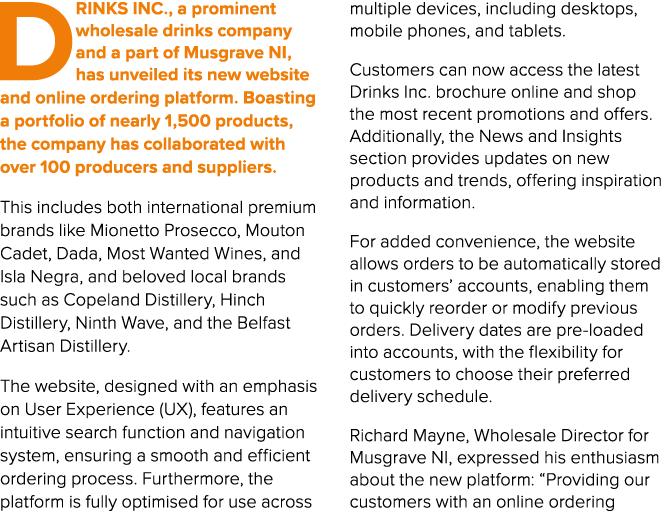 Drinks Inc., a prominent wholesale drinks company and a part of Musgrave NI, has unveiled its new website and online ...