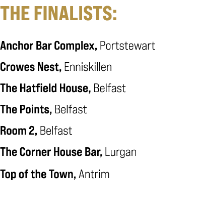 THE FINALISTS: Anchor Bar Complex, Portstewart Crowes Nest, Enniskillen The Hatfield House, Belfast The Points, Belfa...