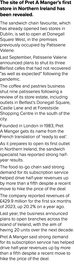 The site of Pret A Manger’s first store in Northern Ireland has been revealed. The sandwich chain favourite, which ha...