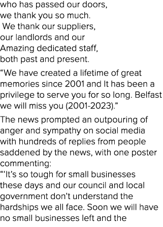 who has passed our doors, we thank you so much. We thank our suppliers, our landlords and our Amazing dedicated staff...