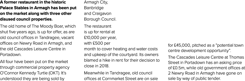 A former restaurant in the historic Palace Stables in Armagh has been put on the market along with three other disuse...