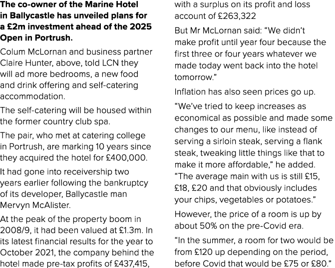 The co owner of the Marine Hotel in Ballycastle has unveiled plans for a £2m investment ahead of the 2025 Open in Por...