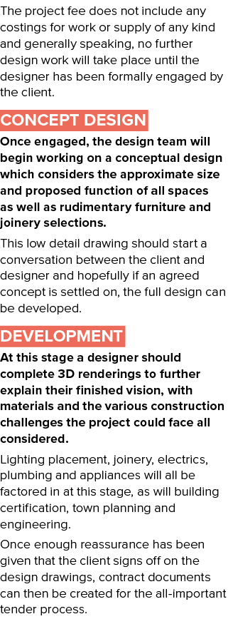 The project fee does not include any costings for work or supply of any kind and generally speaking, no further desig   