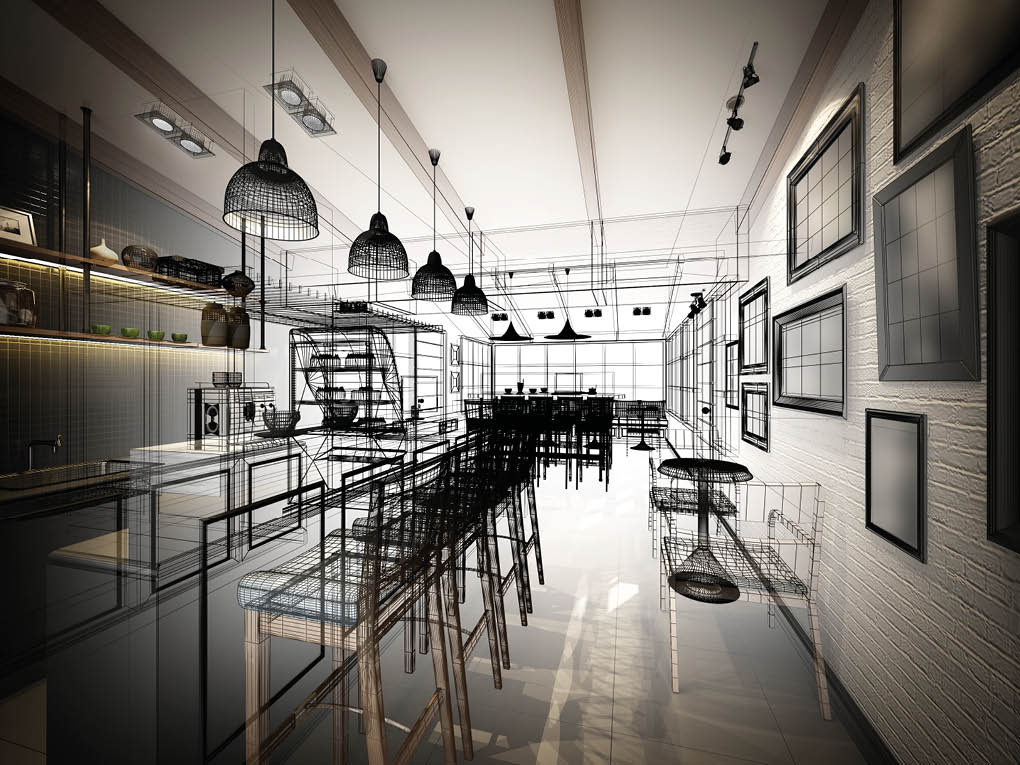 sketch design of coffee shop ,3d wire frame render 