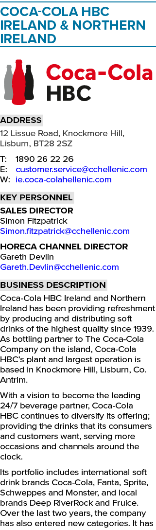 Coca-Cola HBC Ireland & Northern Ireland  Address 12 Lissue Road, Knockmore Hill, Lisburn, BT28 2SZ T: 1890 26 22 26    