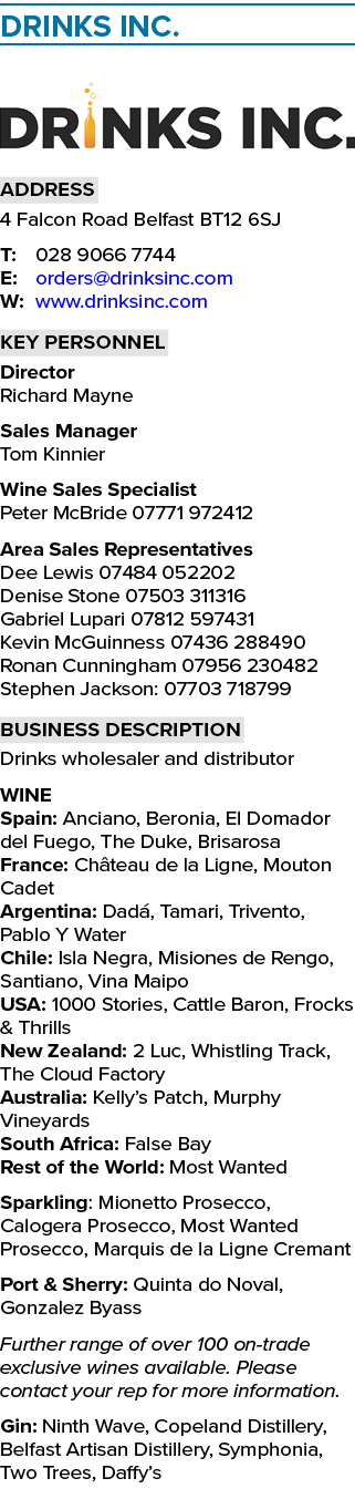 Drinks Inc   Address 4 Falcon Road Belfast BT12 6SJ T: 028 9066 7744 E: orders drinksinc com W: www drinksinc com Key   