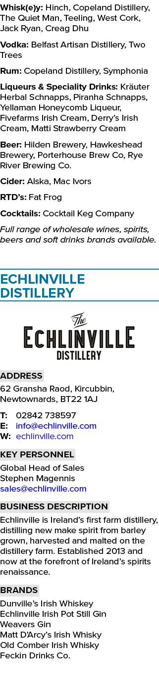 Whisk(e)y: Hinch, Copeland Distillery, The Quiet Man, Teeling, West Cork, Jack Ryan, Creag Dhu Vodka: Belfast Artisan   