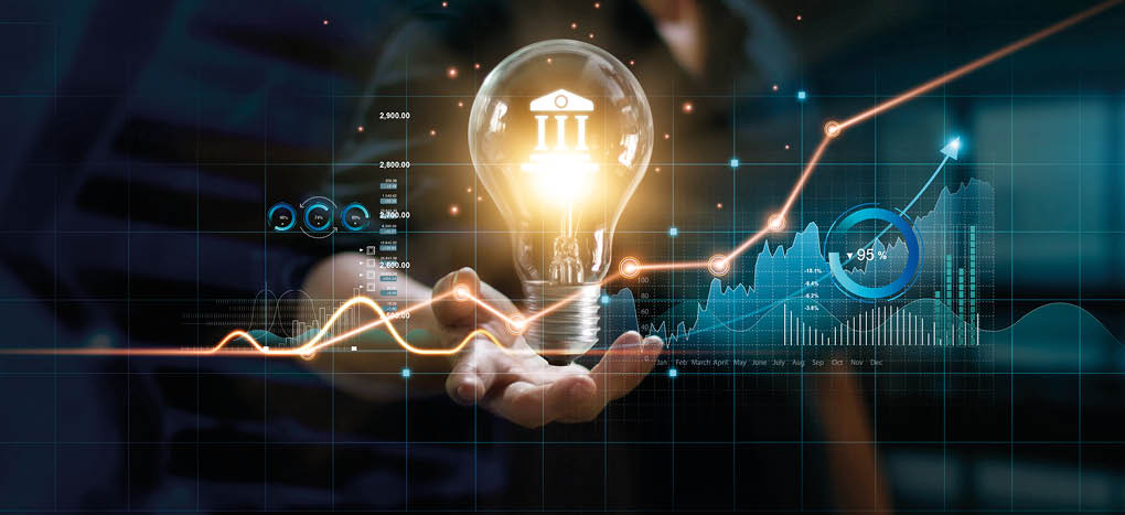 Businessman holding creative light bulb with growth graph and banking icons  Financial innovation technology develop new products and services that enhance successful and profit in global business 