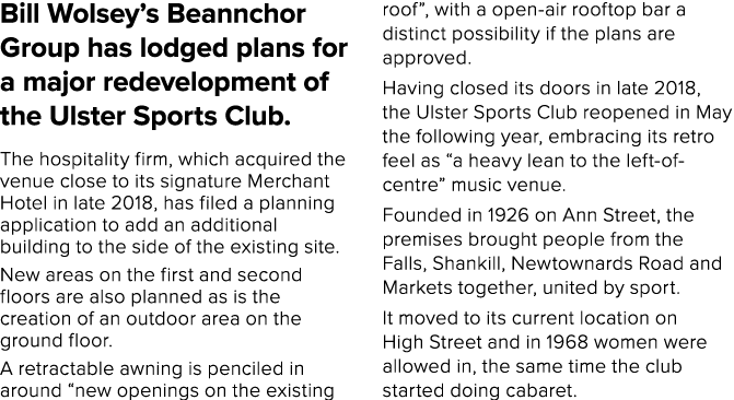 Bill Wolsey s Beannchor Group has lodged plans for a major redevelopment of the Ulster Sports Club  The hospitality f   