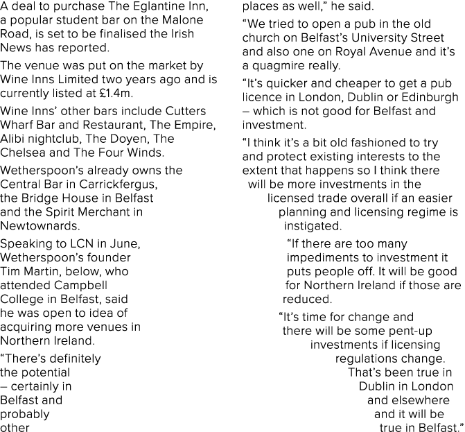 A deal to purchase The Eglantine Inn, a popular student bar on the Malone Road, is set to be finalised the Irish News   