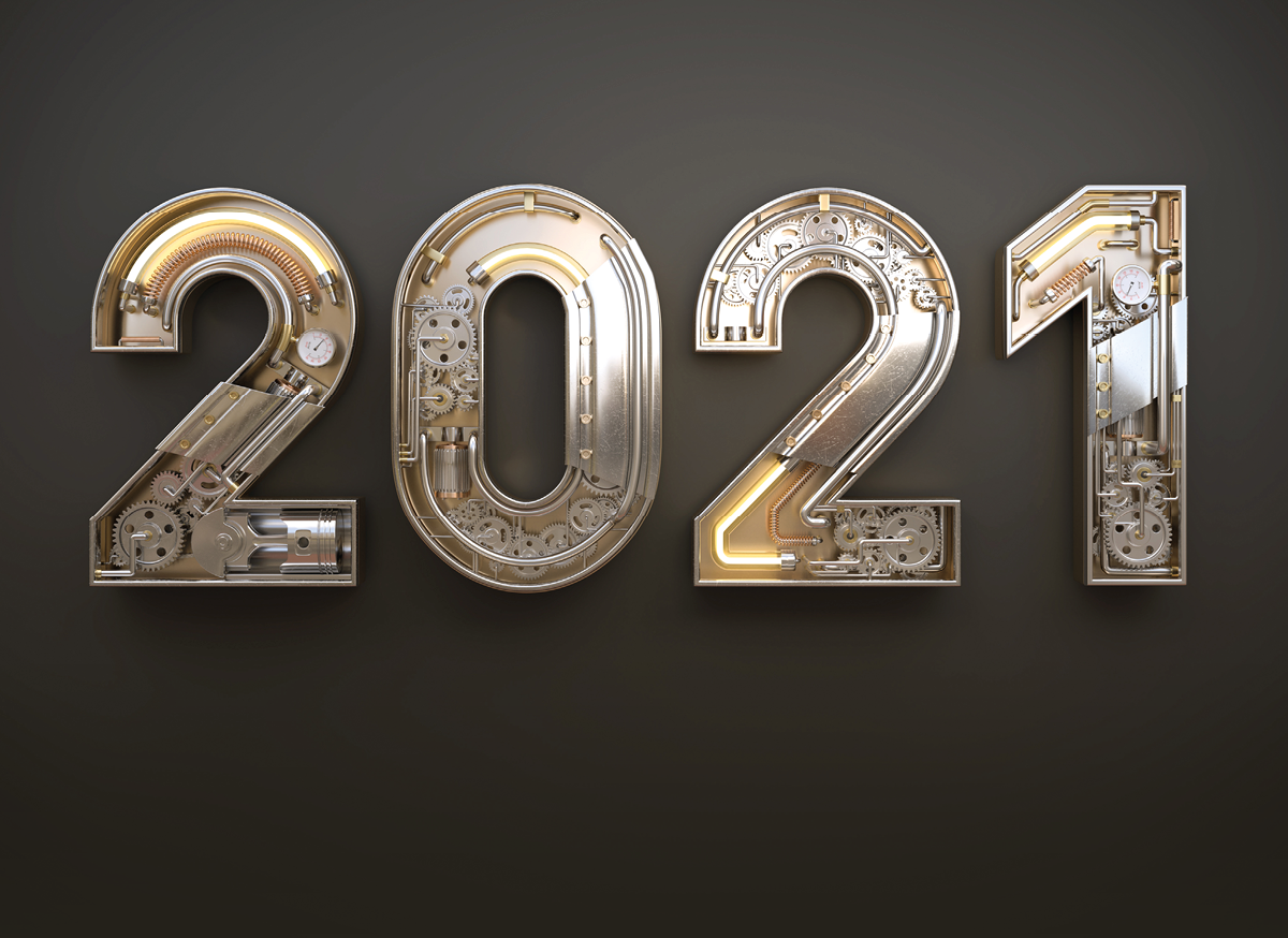 New year 2021 made from mechanical alphabet with gear  3D illustration