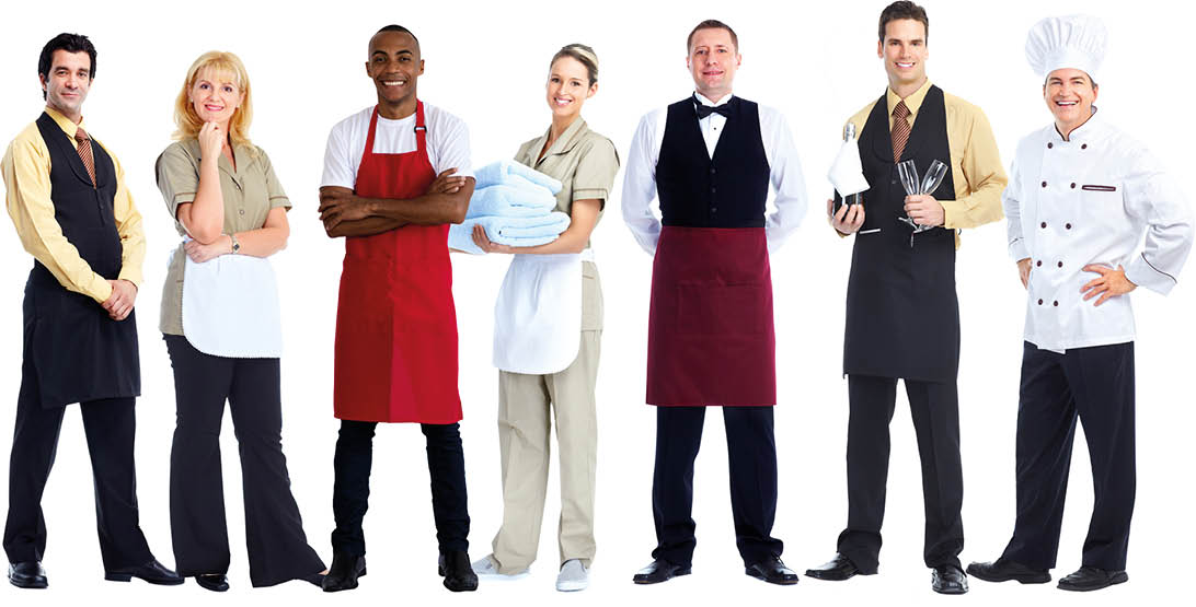 Group of 5 friendly male waiters and clerks isolated on white background for cut out