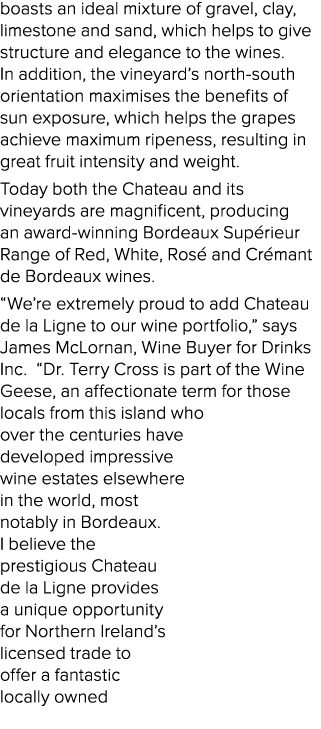 boasts an ideal mixture of gravel, clay, limestone and sand, which helps to give structure and elegance to the wines    
