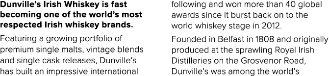 Dunville s Irish Whiskey is fast becoming one of the world s most respected Irish whiskey brands  Featuring a growing   