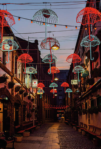 Belfast, UK   January 23rd 2019: Photo of the Umbrella street in Belfast at night during Christmas time
