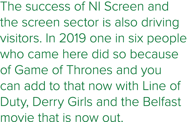 The success of NI Screen and the screen sector is also driving visitors  In 2019 one in six people who came here did    