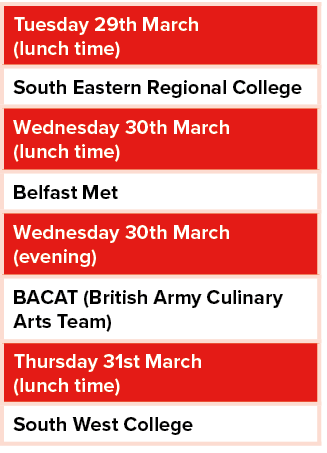 Tuesday 29th March (lunch time),South Eastern Regional College,Wednesday 30th March (lunch time) ,Belfast Met,Wednesd   