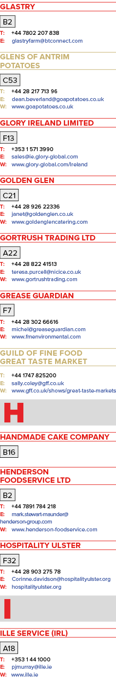 Glastry B2 T: +44 7802 207 838 E: glastryfarm btconnect com Glens of Antrim Potatoes C53 T: +44 28 217 713 96 E: dean   