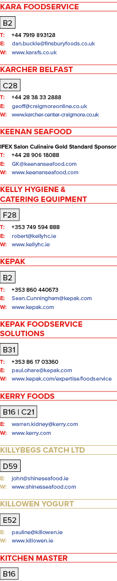 Kara Foodservice B2 T: +44 7919 893128 E: dan buckle finsburyfoods co uk W: www karafs co uk Karcher Belfast C28 T: +   