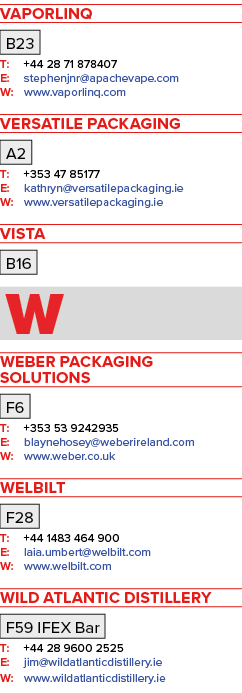 Vaporlinq B23 T: +44 28 71 878407 E: stephenjnr apachevape com W: www vaporlinq com Versatile Packaging A2 T: +353 47   