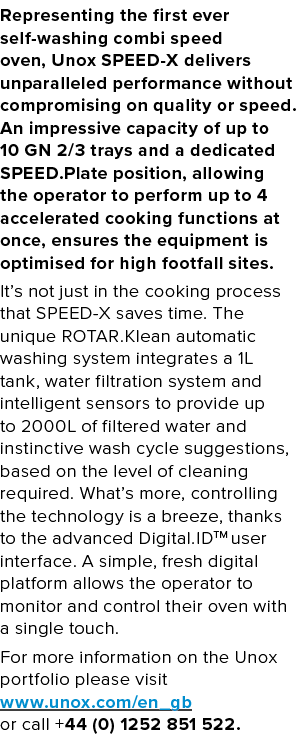 Representing the first ever self-washing combi speed oven, Unox SPEED-X delivers unparalleled performance without com   