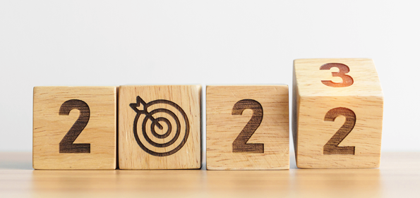 2022 change to 2023 Year block with dartboard icon. Goal, Target, Resolution, strategy, plan, Action, mission, motivation, and New Year start concepts