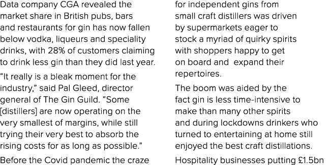 Data company CGA revealed the market share in British pubs, bars and restaurants for gin has now fallen below vodka, ...