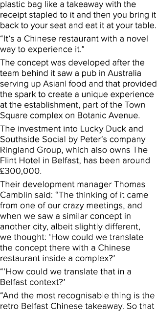 plastic bag like a takeaway with the receipt stapled to it and then you bring it back to your seat and eat it at your...