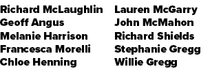 Richard McLaughlin Geoff Angus Melanie Harrison Francesca Morelli Chloe Henning Lauren McGarry John McMahon Richard S...