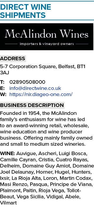 Direct Wine Shipments ￼ Address 5 7 Corporation Square, Belfast, BT1 3AJ T: 02890508000 E: info@directwine.co.uk W: h...