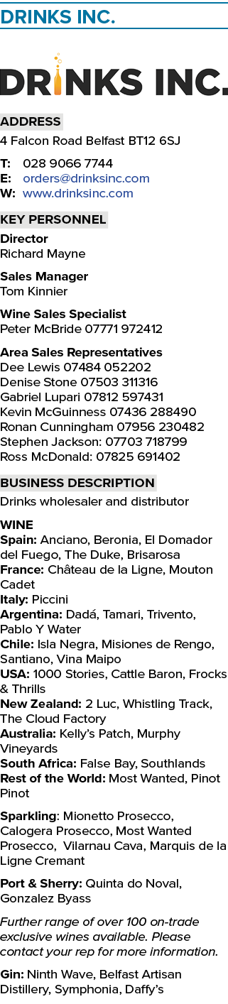 Drinks Inc. ￼ Address 4 Falcon Road Belfast BT12 6SJ T: 028 9066 7744 E: orders@drinksinc.com W: www.drinksinc.com Ke...