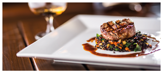 Beef Steak. Grill beef steak black lentils mixed with vegetable. Cognac or brandy as drink. Culinary food in hotel pub or restaurant.