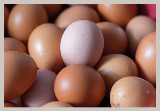 pile of raw eggs with a focus on eggs of different colors