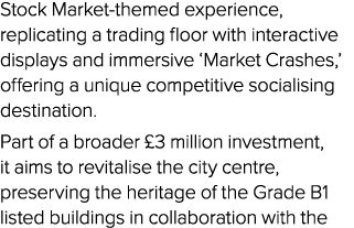 Stock Market themed experience, replicating a trading floor with interactive displays and immersive ‘Market Crashes,’...