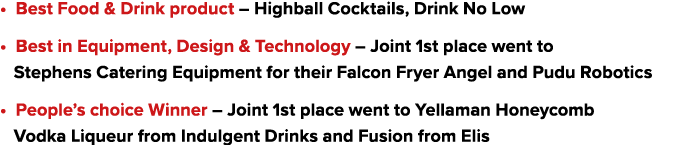 • Best Food & Drink product – Highball Cocktails, Drink No Low • Best in Equipment, Design & Technology – Joint 1st p...