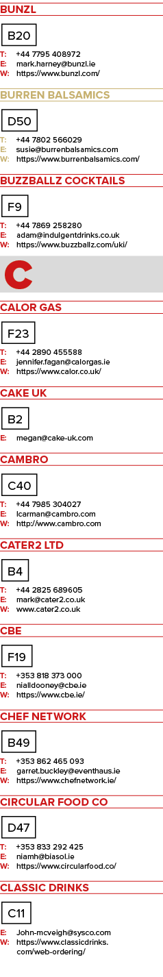 BUNZL B20 T: +44 7795 408972 E: mark.harney@bunzl.ie W: https://www.bunzl.com/ Burren Balsamics D50 T: +44 7802 56602...