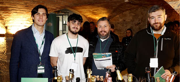 Press Eye - Belfast, Northern Ireland - 20th February 2024 - Photo by William Cherry/Presseye Pictured at the Bibendum Wine Tasting Portfolio at Custom House, Belfast are Pier Galet with Carter Attwood, Mark May and John McAteer from Bull and Claw, Donaghadee.  Photo by William Cherry/Presseye