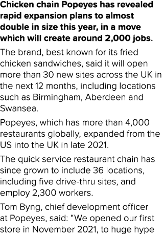 Chicken chain Popeyes has revealed rapid expansion plans to almost double in size this year, in a move which will cre...