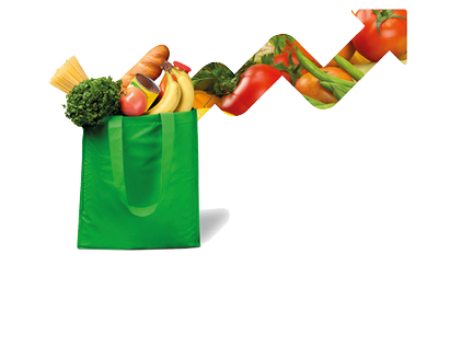 Rising grocery prices and surging cost concept and the rise of food costs with an arrow