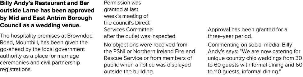 Billy Andy’s Restaurant and Bar outside Larne has been approved by Mid and East Antrim Borough Council as a wedding v...