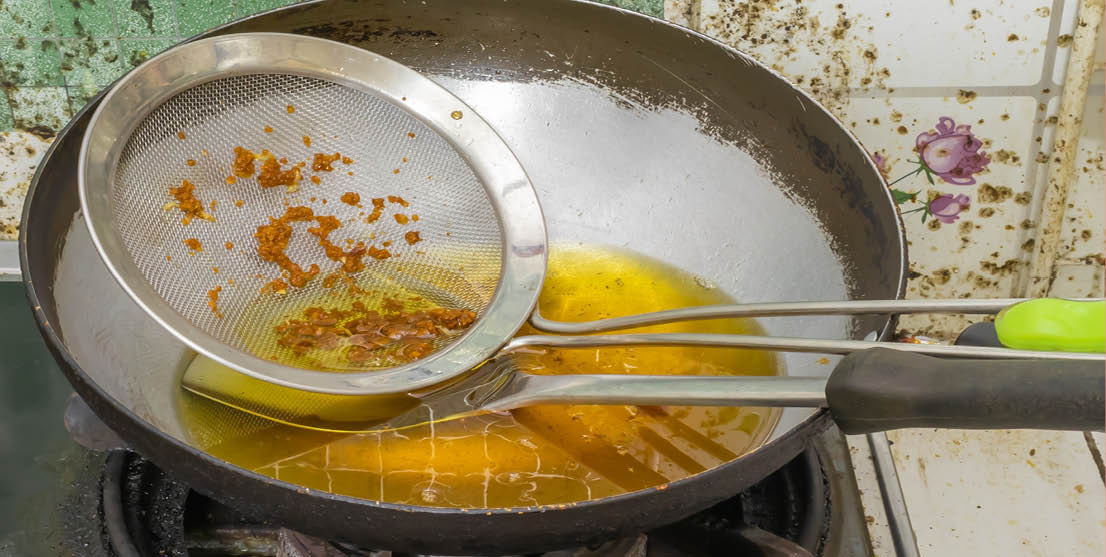 Contaminant cooking oil,old oil or used cooking oil in cooking pan. Used cooking oil can be reused for bio-diesel but not to reused for cook.It may cause of Carcinogenic,cancer.